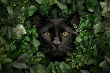 Majestic Black Panther Emerging from Lush Greenery Surrounded by Vibrant Leaves in Natural Habitat