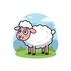 Cute Cartoon Sheep in Green Pasture Illustration