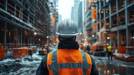 Construction worker supervising site progress in urban area during foggy morning