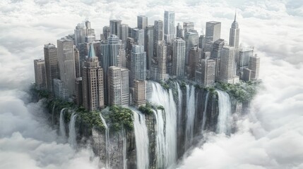 Floating city, waterfalls, clouds, lush vegetation.