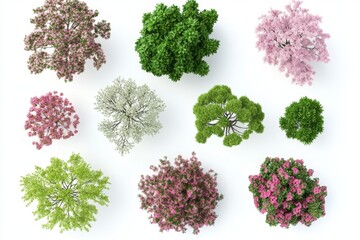 Overhead view of various trees and shrubs on a white background, ideal for landscape design
