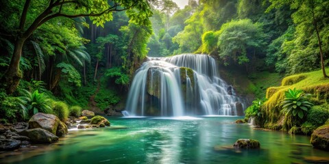 Fototapeta premium waterfall in dense forest, fresh water, greenery, fresh water,greenery,wild nature