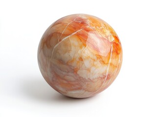 Spherical marble sculpture, translucent and iridescent, with a striking red center, resting on a white background.