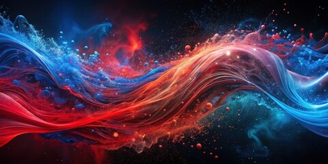 Fototapeta premium Vibrant red and blue particle waves suspended in mid-air amidst a swirling vortex of abstract shapes and colors, movement