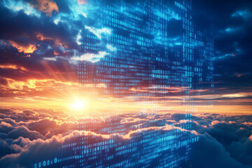 Obraz premium Digital binary code flows through vibrant sky at sunset