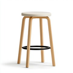 Minimalist wooden stool with a round white seat and natural wooden legs, perfect for modern interior decor.