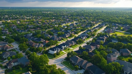 Fototapeta premium Aerial View of Suburbia: Lush Green Neighborhood