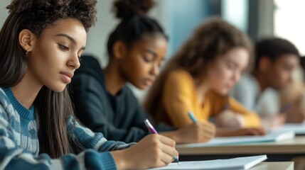 Focused Students Studying Together in Classroom