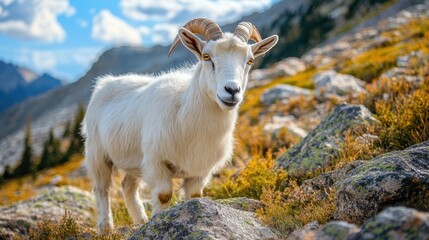 Obraz premium Mountain Goat Stands Among Rocks In Autumn Landscape