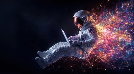 Naklejka premium Astronaut Working On Laptop With Colorful Particles In Space