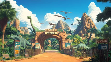 Fototapete Rund Dinosaur park with cute animals of jurassic era. Tropical landscape with dino garden with wooden arch, signboards, fence and cashier booth, vector cartoon illustration © Sehraye