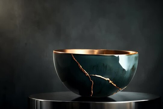Green ceramic vase repaired with golden Kintsugi cracks
