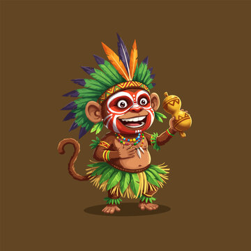 tribal monkey holding maraca clip art preview