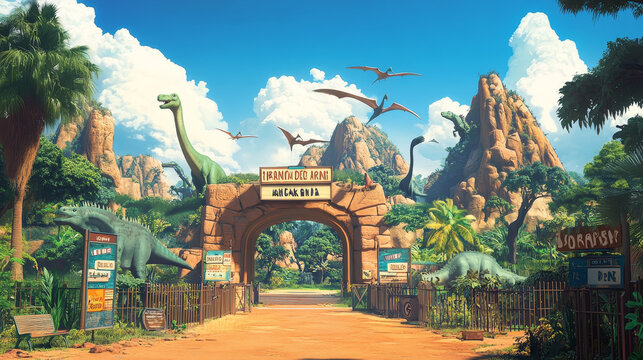 Dinosaur park with cute animals of jurassic era. Tropical landscape with dino garden with wooden arch, signboards, fence and cashier booth, vector cartoon illustration