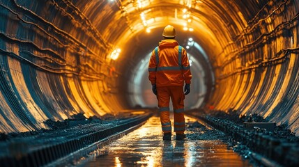 Worker inspects construction site inside a large underground tunnel during evening hours