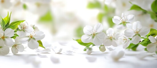 Obraz premium Spring blossoms, white petals, blurred background, greeting card