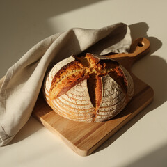Crusty Artisan Bread in Golden Hour Light | Vertical Minimalist Food Photography | Moody Stock