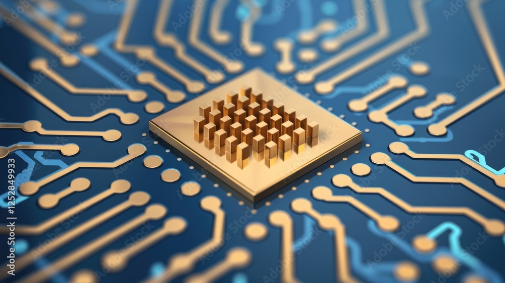 Poster close-up of a microchip on a circuit board with intricate patterns and connections.