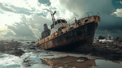 rusted shipwreck rests on rocky shore under dramatic cloudy sky