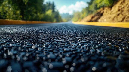 Obraz premium Freshly paved asphalt road glistening with droplets after rain in a lush green landscape