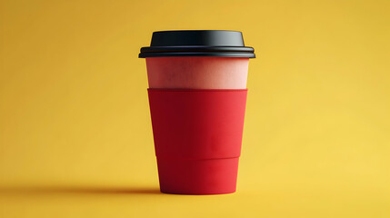A red disposable coffee cup with a black lid and a red cardboard sleeve against a bright yellow background.
