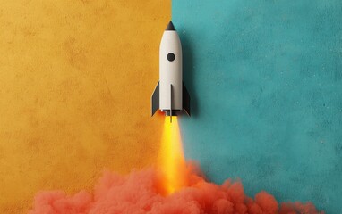 Colorful Illustration of a Rocket Launching with Bright Flames on a Split Background of Yellow and Blue