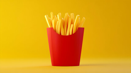French fries in a red paper container against a bright yellow background.
