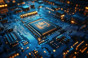 Fototapeta premium Close Up View Of Glowing Microprocessor On Circuit Board