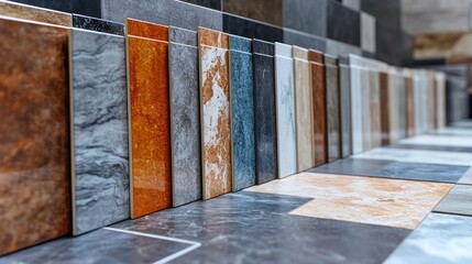 Diverse collection of tiles displayed in a showroom showcasing various colors and textures for modern interior design