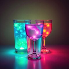 Colorful illuminated glasses filled with vibrant liquids on a reflective surface, creating a magical ambiance