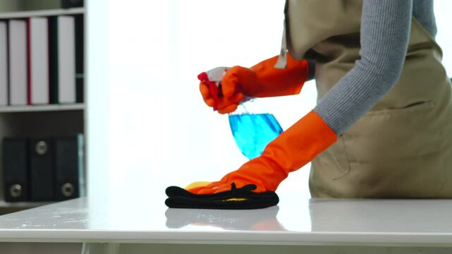 A young woman, wearing an apron, holds a spray bottle and microfiber cloth, preparing to clean a computer screen and check her desk at work, ensuring a clean and organized workspace