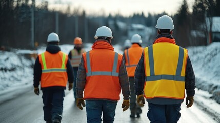 Construction workers in reflective vests walking on a snowy road in winter during a workday in a rural area