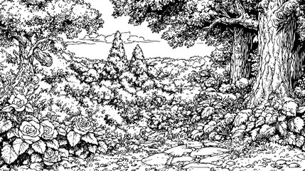 Obraz premium Illustrative black-and-white landscape art featuring a tranquil meadow surrounded by lush trees and open skies, capturing the serene beauty of nature. 