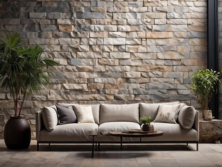 Modern Living Room with Stone Wall and Sectional Sofa