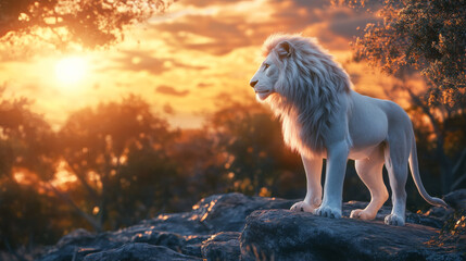 Fototapeta premium White lion standing on rocks at sunset, majestic and serene