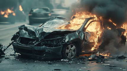 A car is engulfed in flames on a busy city street, smoke billowing into the air