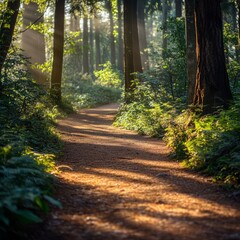 Obraz premium A picturesque trail leading through a dense forest, with dappled sunlight on the ground