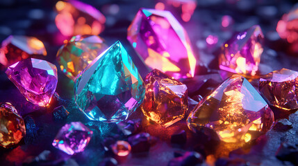 Red shiny fantasy gem stone crystals. Cartoon vector illustration set of diamonds with magic neon glow effect for game ui design. Bright precious treasure rock pieces. Jewel brilliant gemstones.