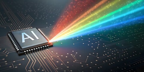 Fototapeta premium Colorful Light Spectrum Emitting from AI Microchip on Circuit Board