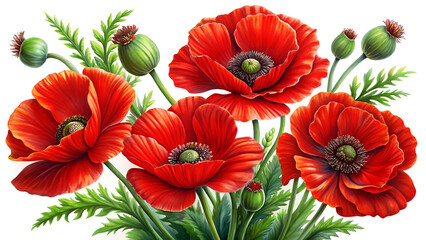 Red Poppy Flowers Botanical Illustration - Elegant Watercolor Floral Art