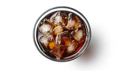 Plastic cup of fresh iced coffee isolated on white, top view