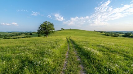 Fototapeta premium Lush Meadow Path Under a Blue Sky