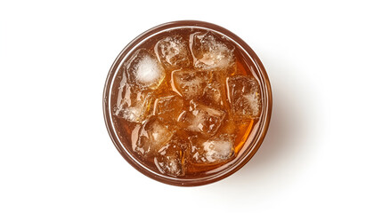 Plastic cup of fresh iced coffee isolated on white, top view