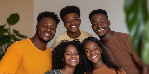 Obraz premium A smiling family gathers together for a cheerful photo in a bright, welcoming environment.