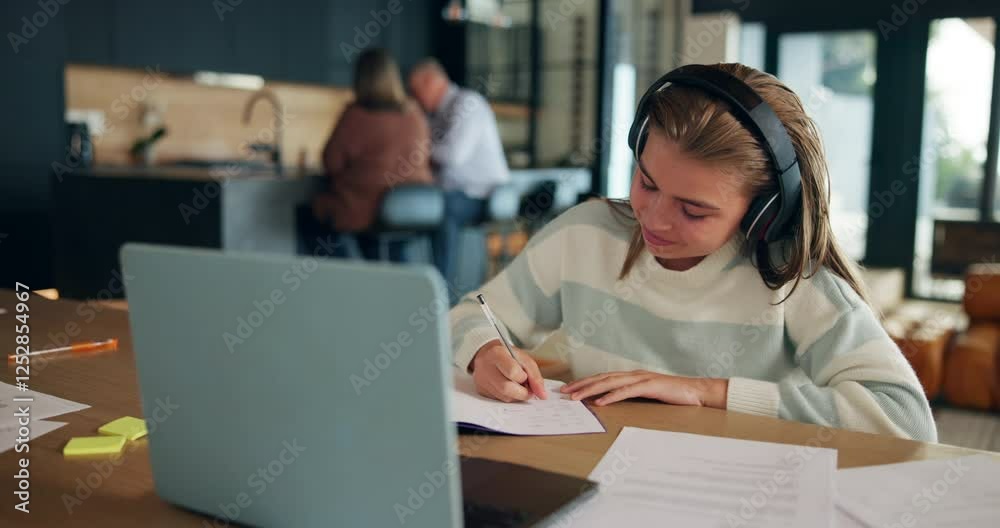 Poster laptop, class and child in home on video call for distance learning, education and studying. school,