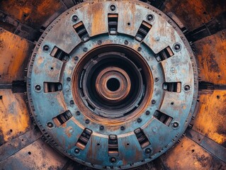 Fototapeta premium Close-up of an industrial gear with visible rust, signifying use and age.