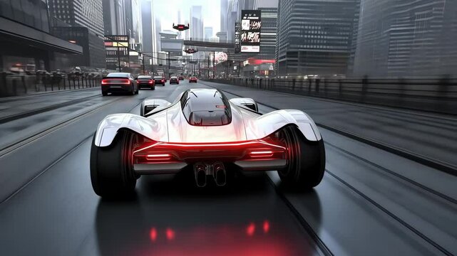 A high-performance vehicle races through a vibrant city landscape, showcasing its advanced design and the hustle of urban life. Neon lights illuminate the surroundings as it speeds ahead.