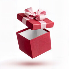 Obraz premium A luxurious red gift box with an elegant white bow, presenting a stylish and sophisticated unboxing experience. Perfect for birthdays, weddings, special occasions, and holiday celebrations, this chic 