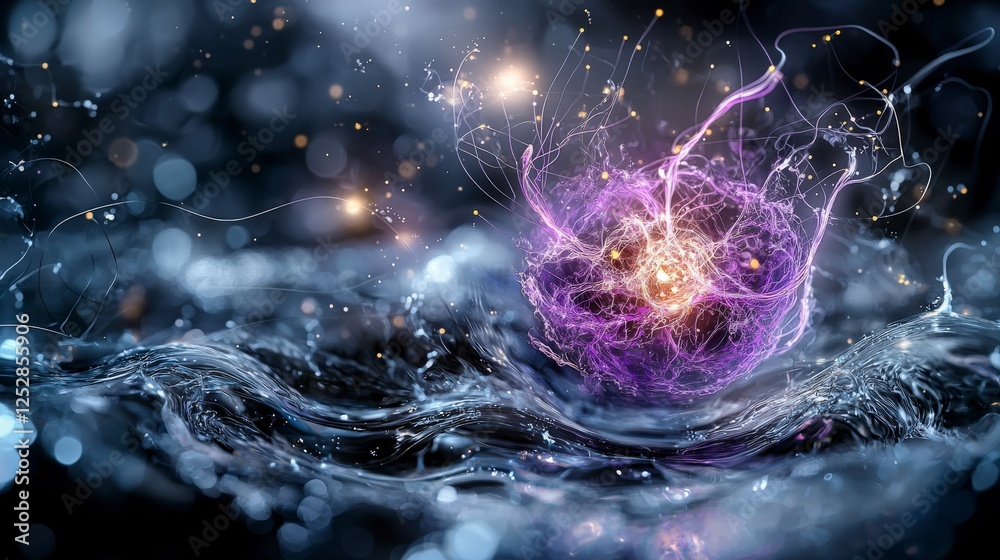 Poster Electrons communicating with light and vibration in quantum physics abstract art digital visualization science environment
