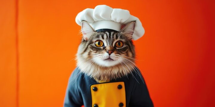 Adorable feline in chef costume with serious expression, orange background.